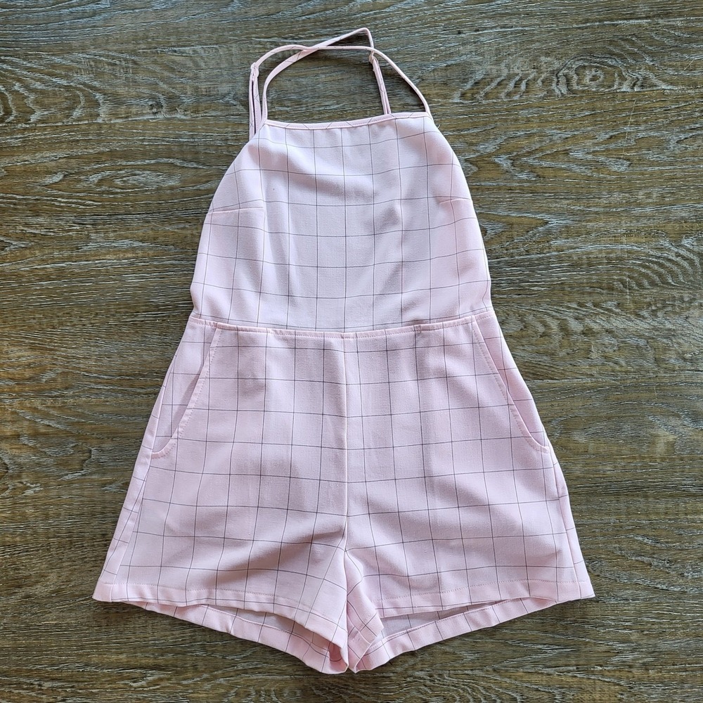 American Apparel Pink Grid Halter Romper Medium Made in USA Windowpane Check